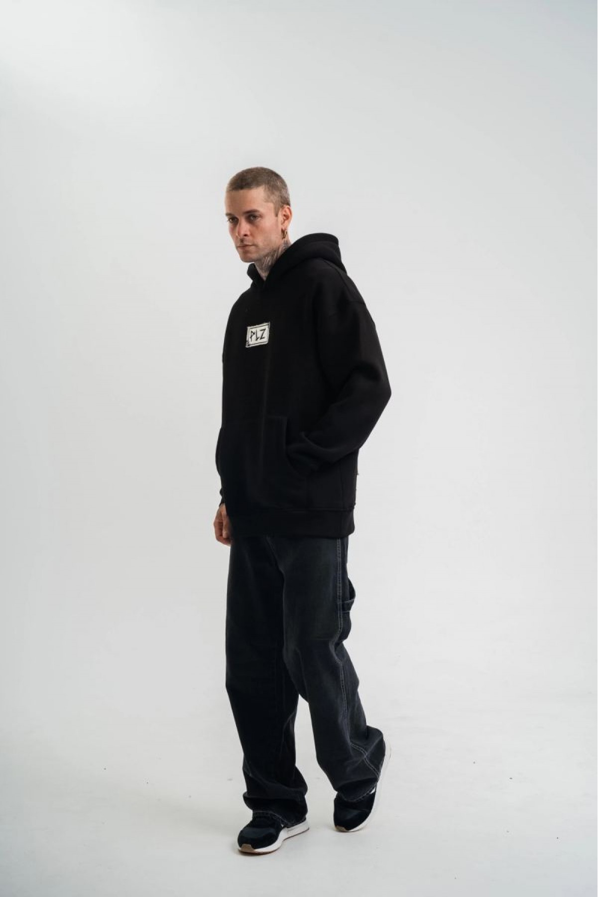 ERKEK 3 İplik Pamuklu Kapüşonlu Patchli Nakışlı Hoodie SweatShirt - Siyah