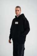 ERKEK 3 İplik Pamuklu Kapüşonlu Patchli Nakışlı Hoodie SweatShirt - Siyah