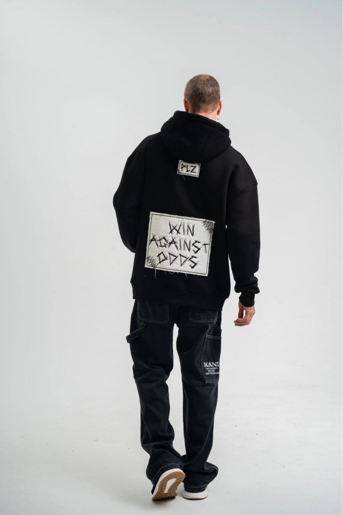 ERKEK 3 İplik Pamuklu Kapüşonlu Patchli Nakışlı Hoodie SweatShirt - Siyah