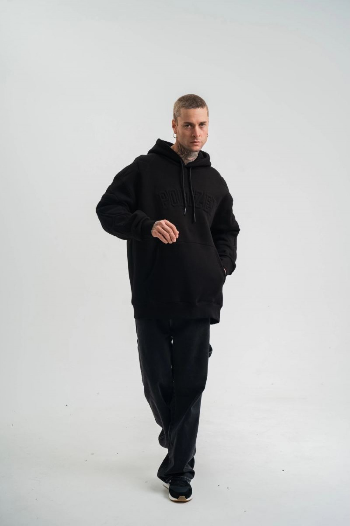 Erkek 3 İplik Pamuklu Oversize Kapüşonlu Nakışlı Hoodie SweatShirt - Siyah