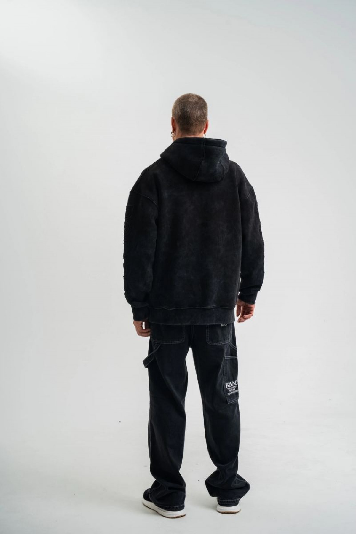 ERKEK 3 iplik Pamuklu Kapüşonlu Yıkamalı Nakışlı Hoodie SweatShirt - Siyah