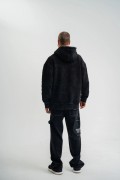 ERKEK 3 iplik Pamuklu Kapüşonlu Yıkamalı Nakışlı Hoodie SweatShirt - Siyah