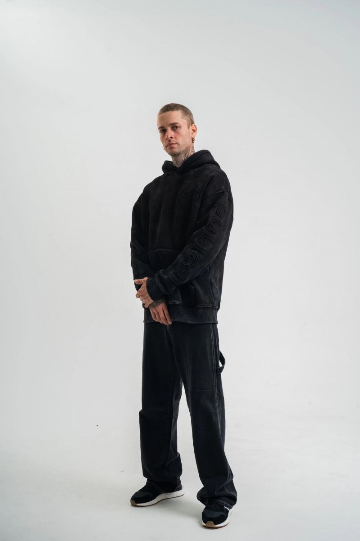 ERKEK 3 iplik Pamuklu Kapüşonlu Yıkamalı Nakışlı Hoodie SweatShirt - Siyah