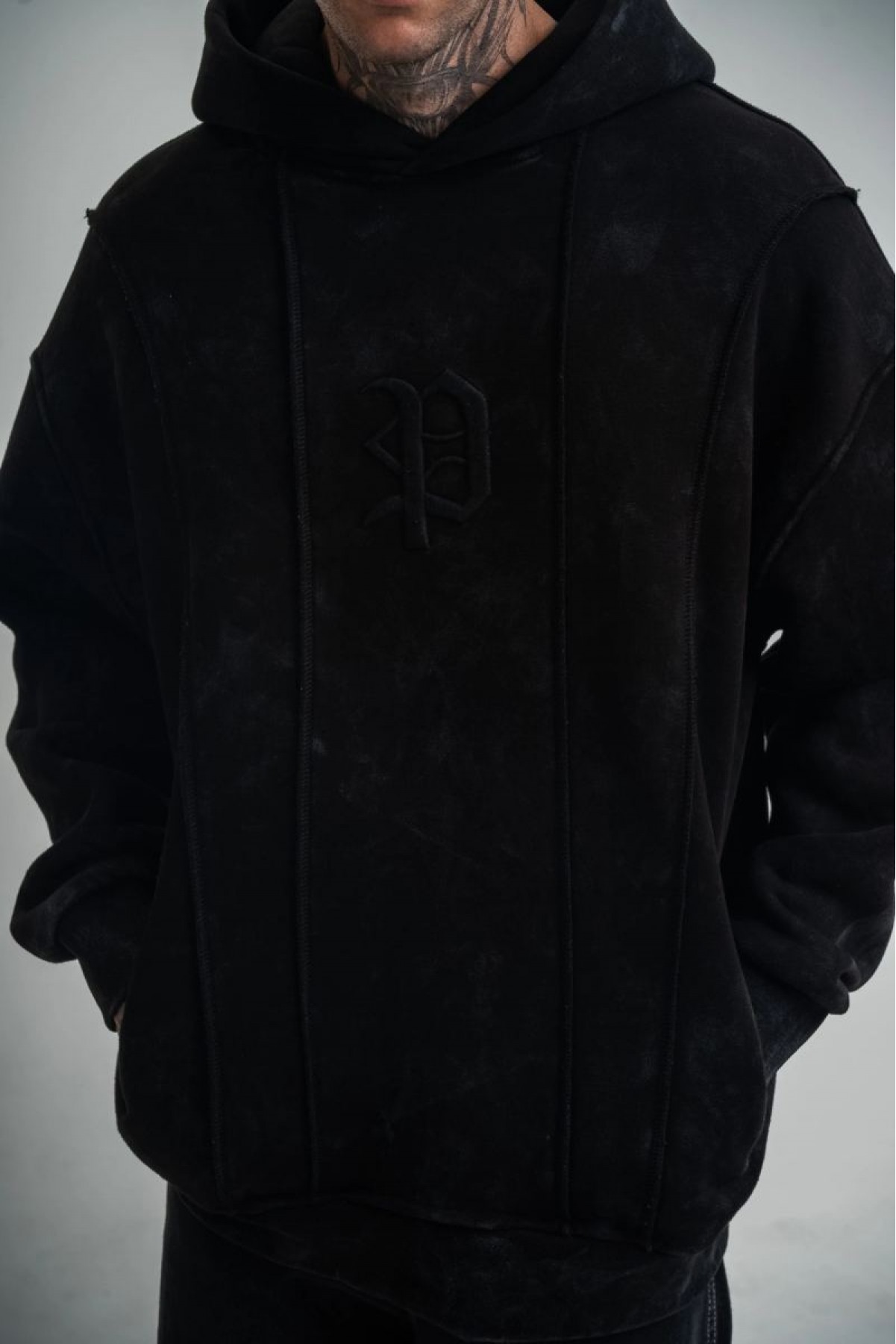ERKEK 3 iplik Pamuklu Kapüşonlu Yıkamalı Nakışlı Hoodie SweatShirt - Siyah