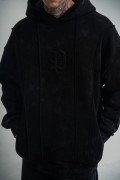 ERKEK 3 iplik Pamuklu Kapüşonlu Yıkamalı Nakışlı Hoodie SweatShirt - Siyah