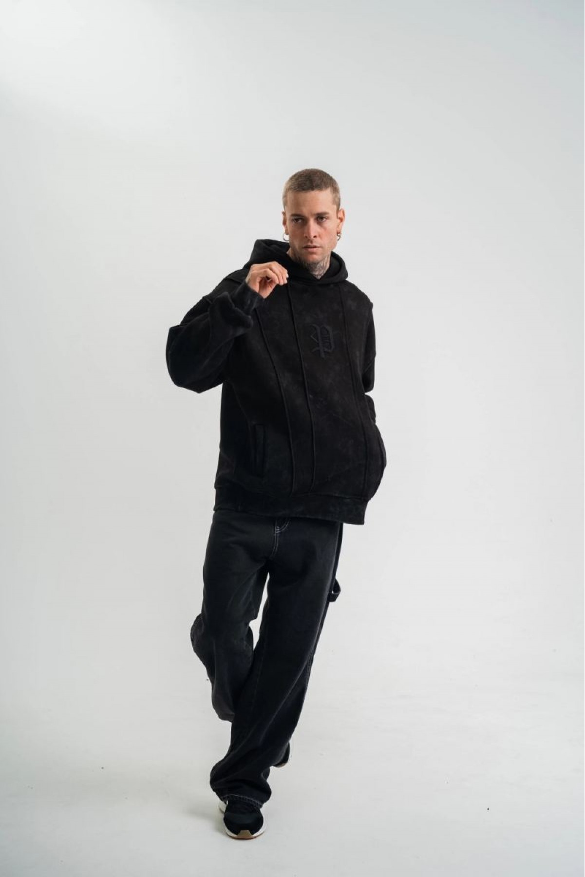 ERKEK 3 iplik Pamuklu Kapüşonlu Yıkamalı Nakışlı Hoodie SweatShirt - Siyah