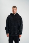 ERKEK 3 iplik Pamuklu Kapüşonlu Yıkamalı Nakışlı Hoodie SweatShirt - Siyah