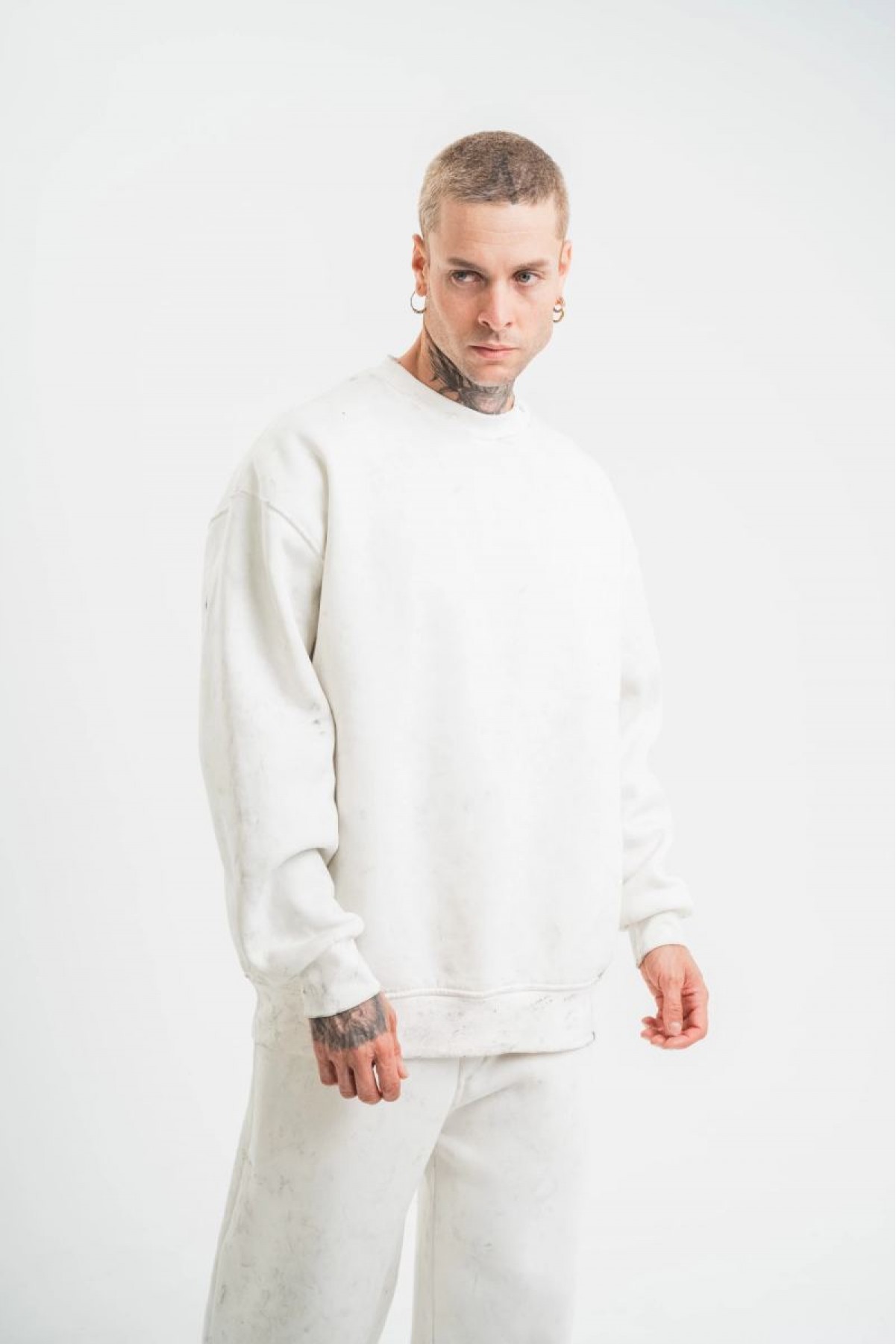 ERKEK 3 İplik Pamuklu Bisiklet Yaka Yıkamalı SweatShirt - Beyaz
