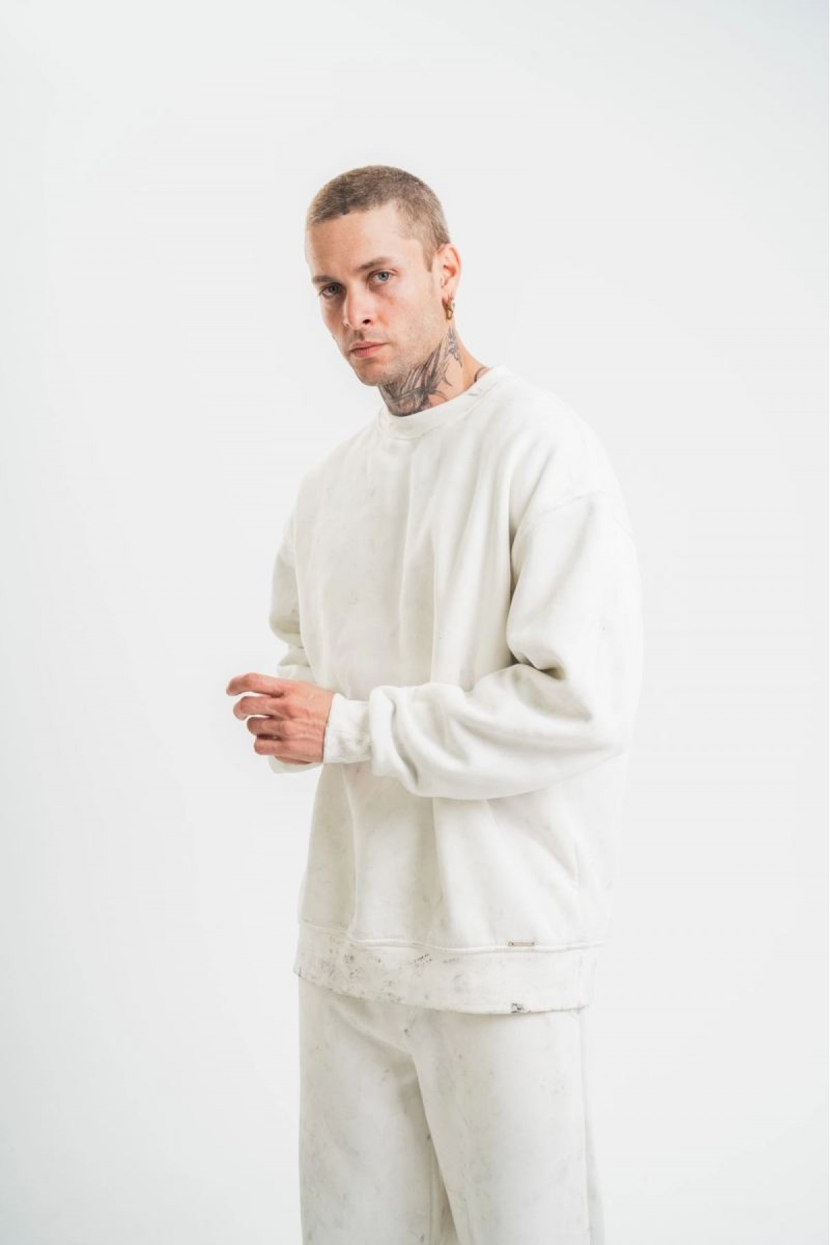 ERKEK 3 İplik Pamuklu Bisiklet Yaka Yıkamalı SweatShirt - Beyaz