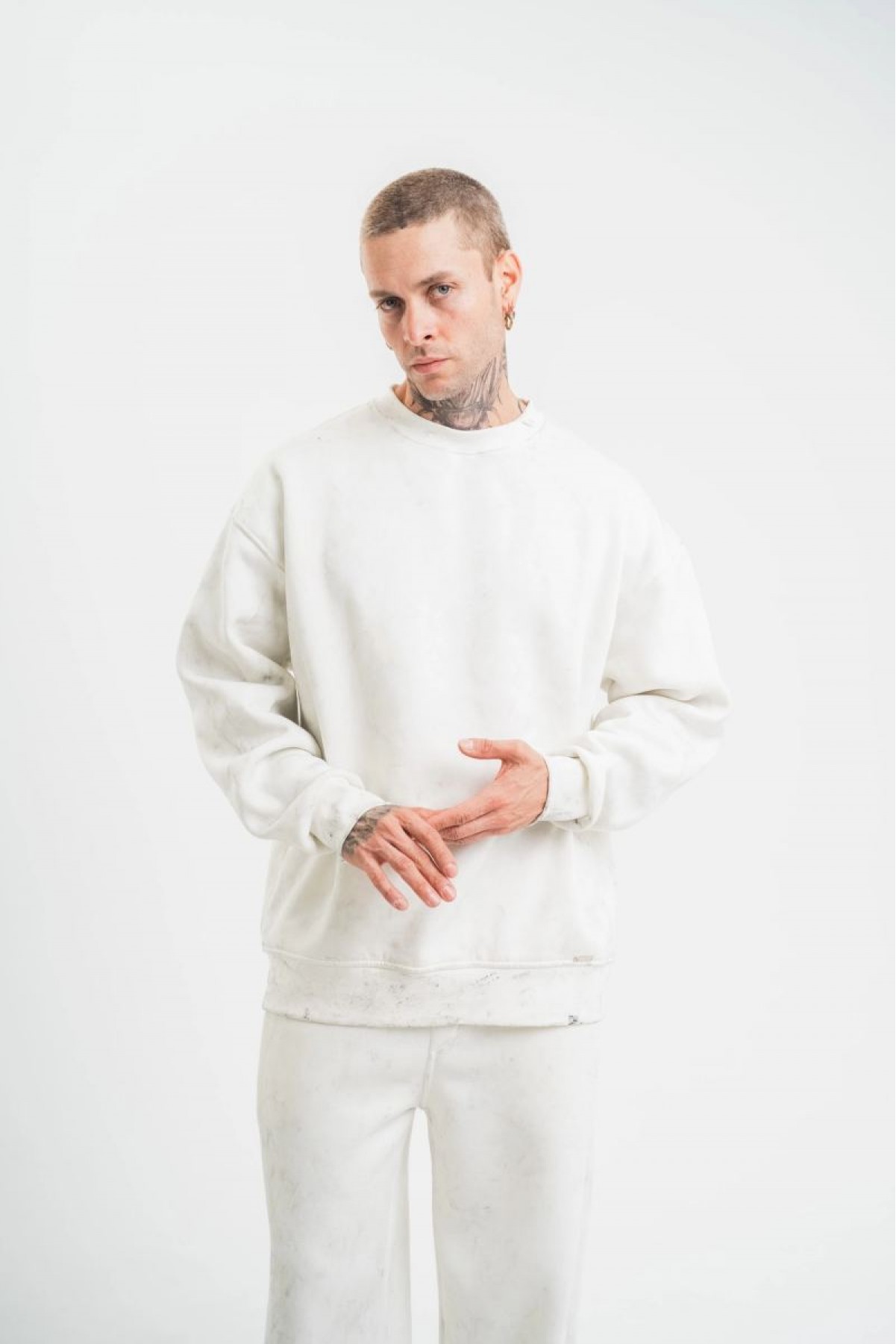 ERKEK 3 İplik Pamuklu Bisiklet Yaka Yıkamalı SweatShirt - Beyaz