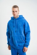 ERKEK 3 İplik Pamuklu Oversize Kapüşonlu Yıkamalı Hoodie SweatShirt - Mavi