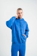 ERKEK 3 İplik Pamuklu Oversize Kapüşonlu Yıkamalı Hoodie SweatShirt - Mavi