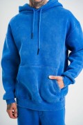 ERKEK 3 İplik Pamuklu Oversize Kapüşonlu Yıkamalı Hoodie SweatShirt - Mavi