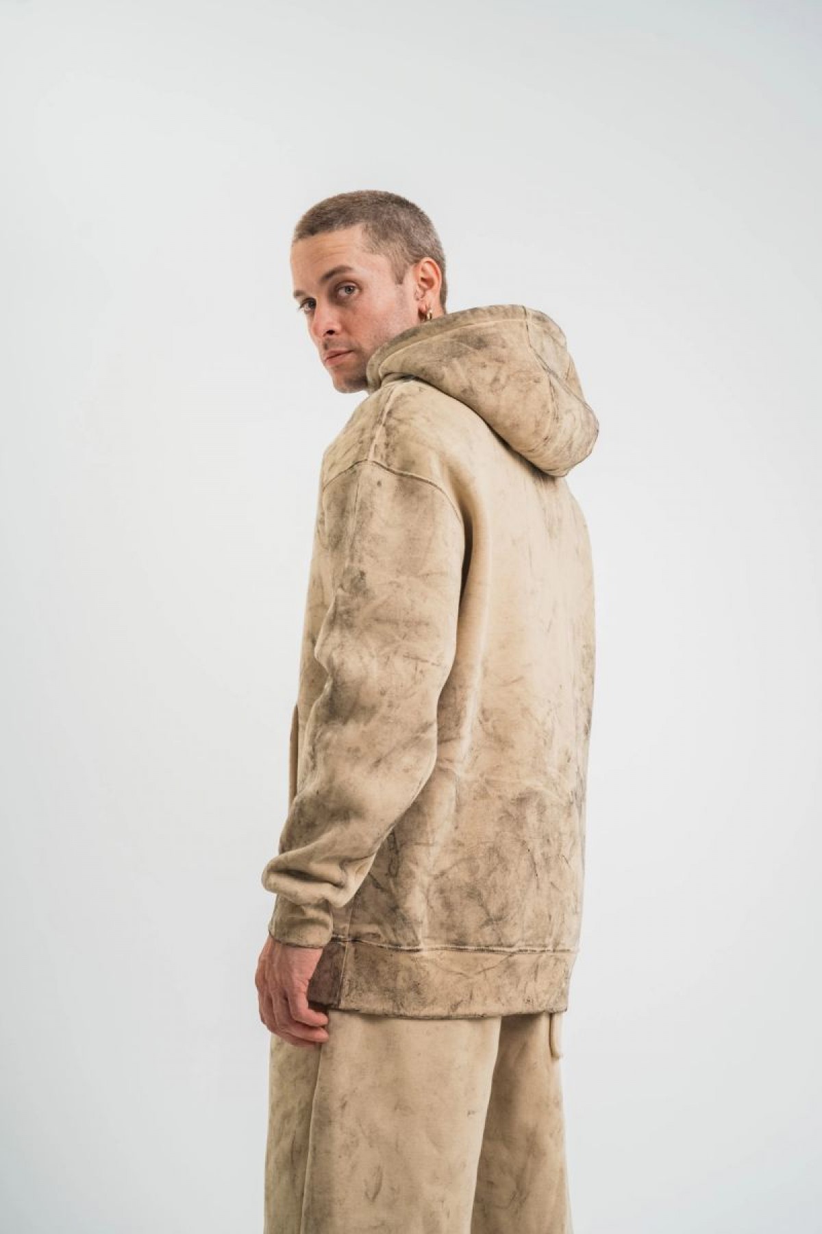 ERKEK 3 iplik Pamuklu Oversize Kapüşonlu Yıkamalı Hoodie SweatShirt - Bej