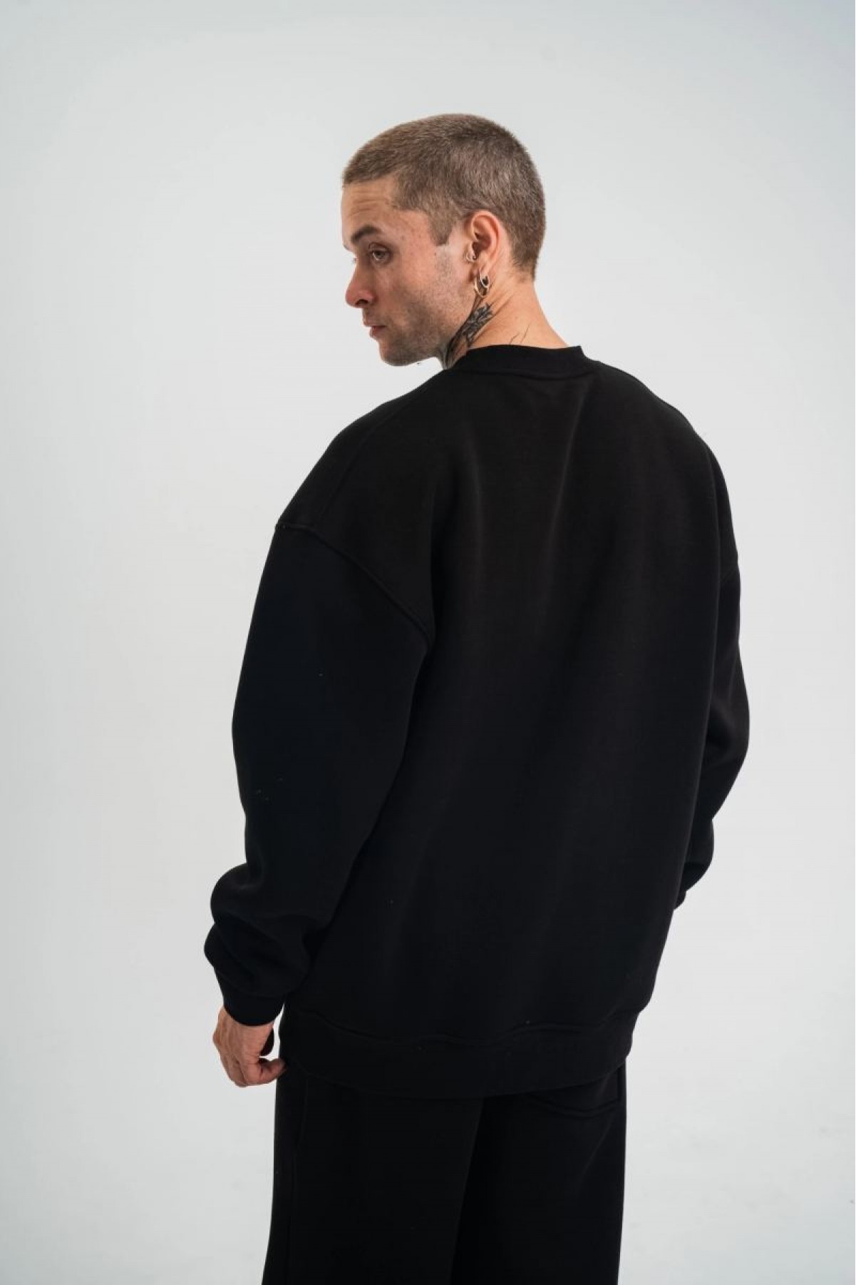 Erkek Uzun Kol Bisiklet Yaka 3 iplik Pamuklu Kışlık SweatShirt - Siyah