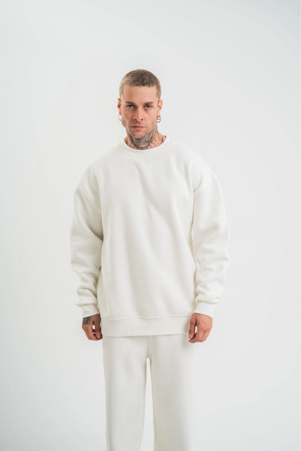Erkek Uzun Kol Bisiklet Yaka 3 iplik Pamuklu Kışlık SweatShirt  - Beyaz