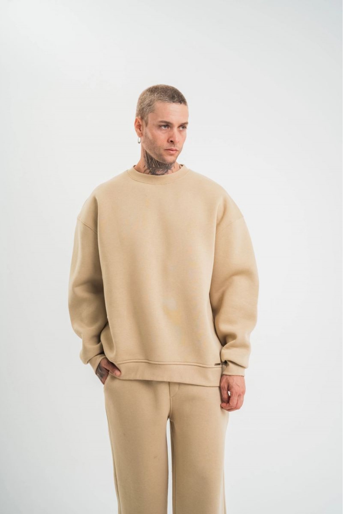 Erkek Uzun Kol Bisiklet Yaka 3 iplik Pamuklu Kışlık SweatShirt  - Bej