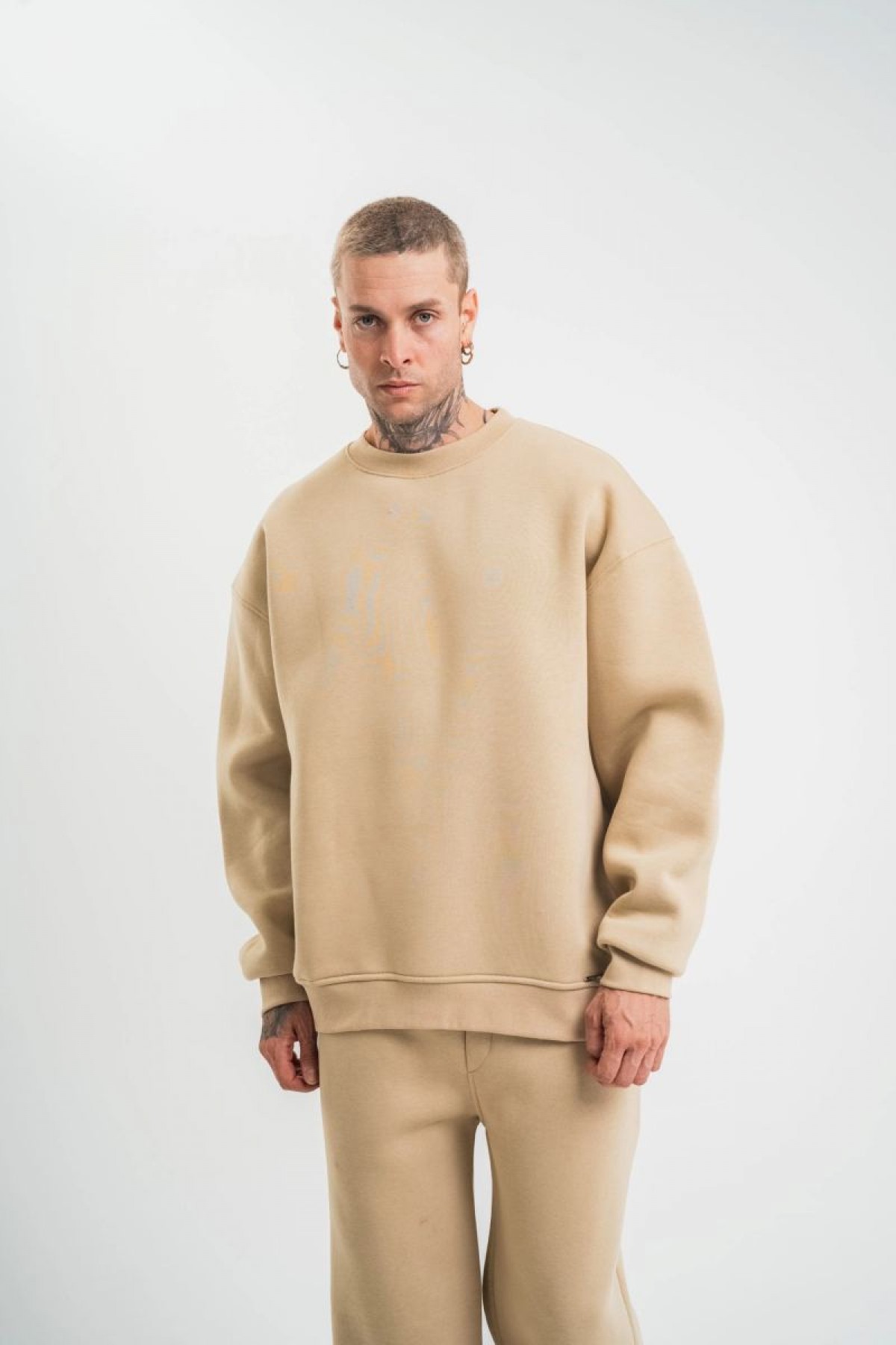 Erkek Uzun Kol Bisiklet Yaka 3 iplik Pamuklu Kışlık SweatShirt  - Bej