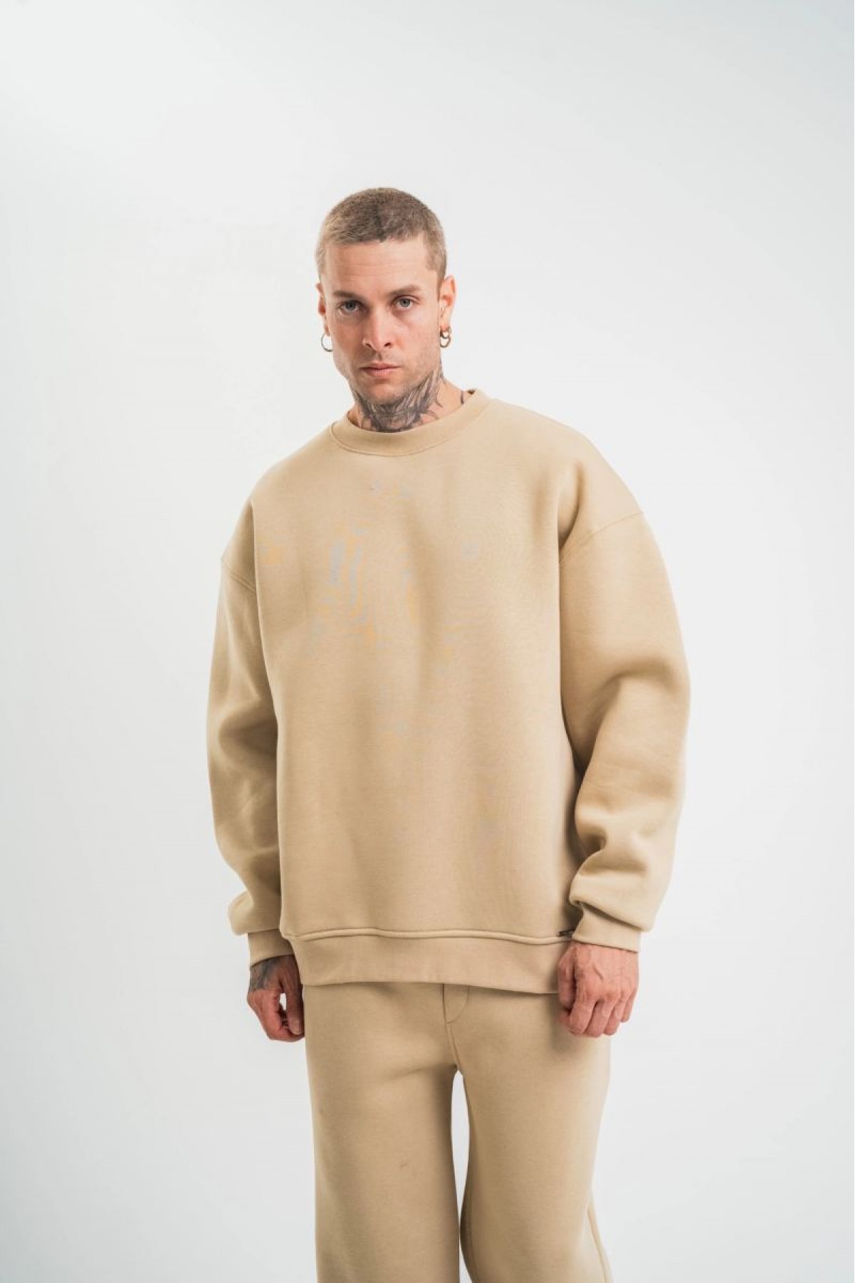 Erkek Uzun Kol Bisiklet Yaka 3 iplik Pamuklu Kışlık SweatShirt  - Bej