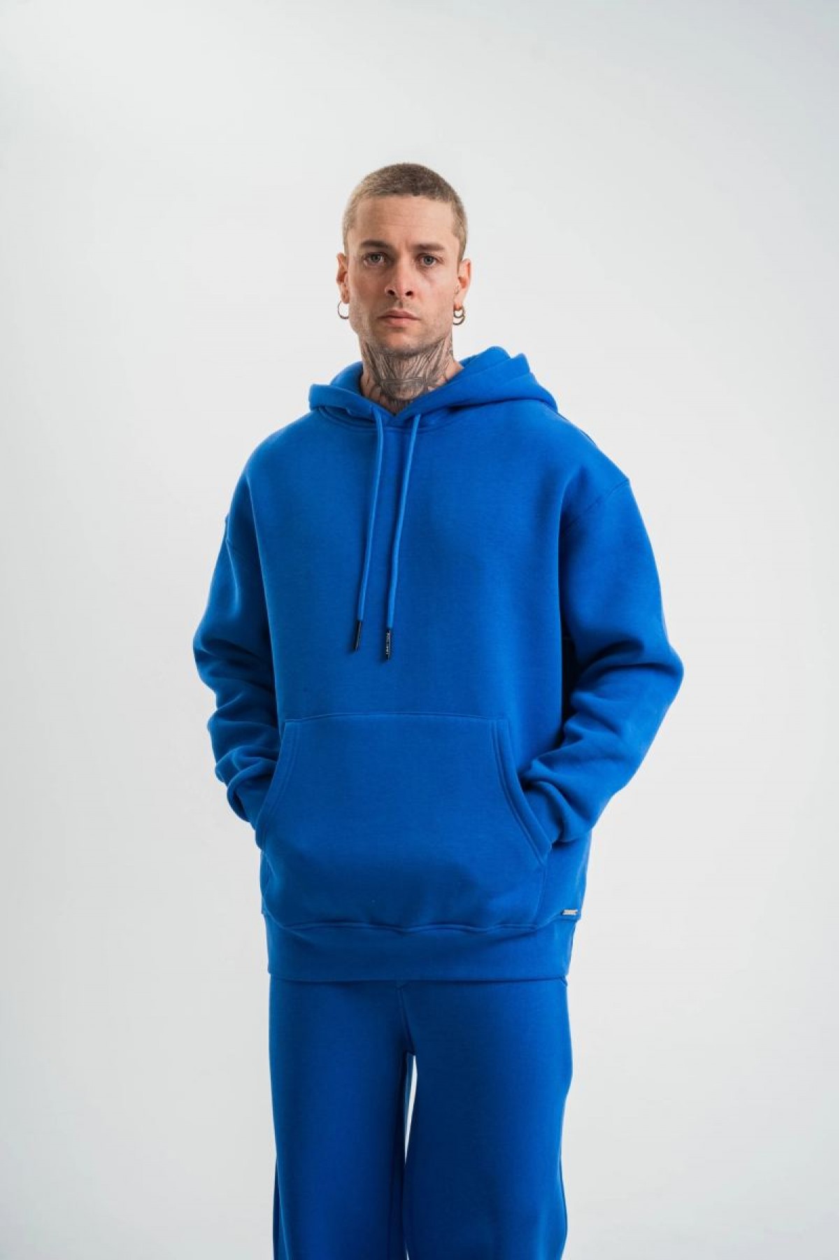 ERKEK 3 İplik Oversize Kapşonlu Basic SweatShirt Hoodie - Mavi