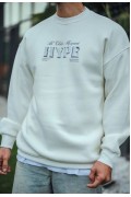 Erkek 3 İplik Pamuklu Bisiklet Yaka Baskılı SweatShirt - Beyaz