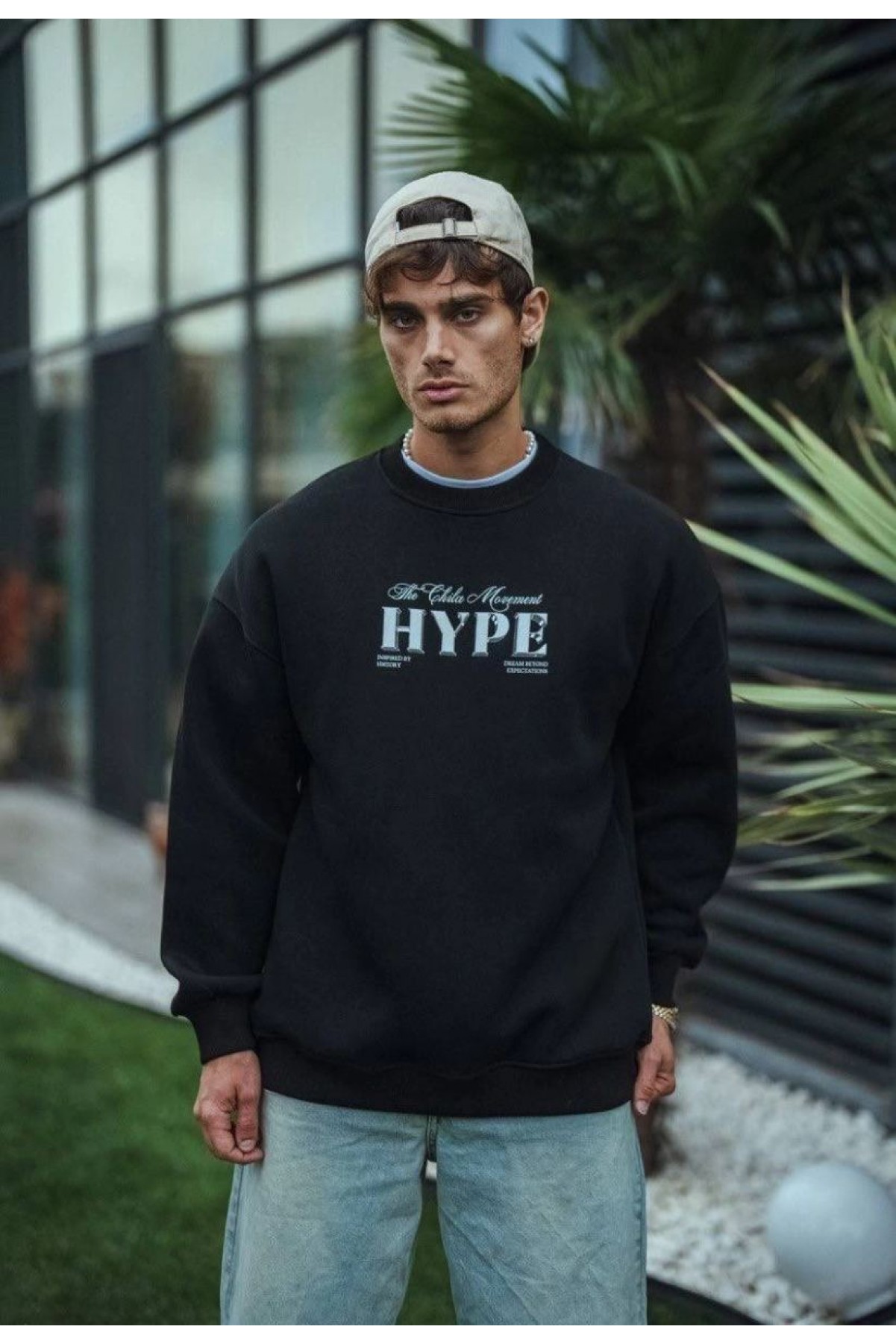 Erkek 3 İplik Pamuklu Bisiklet Yaka Baskılı SweatShirt - Siyah