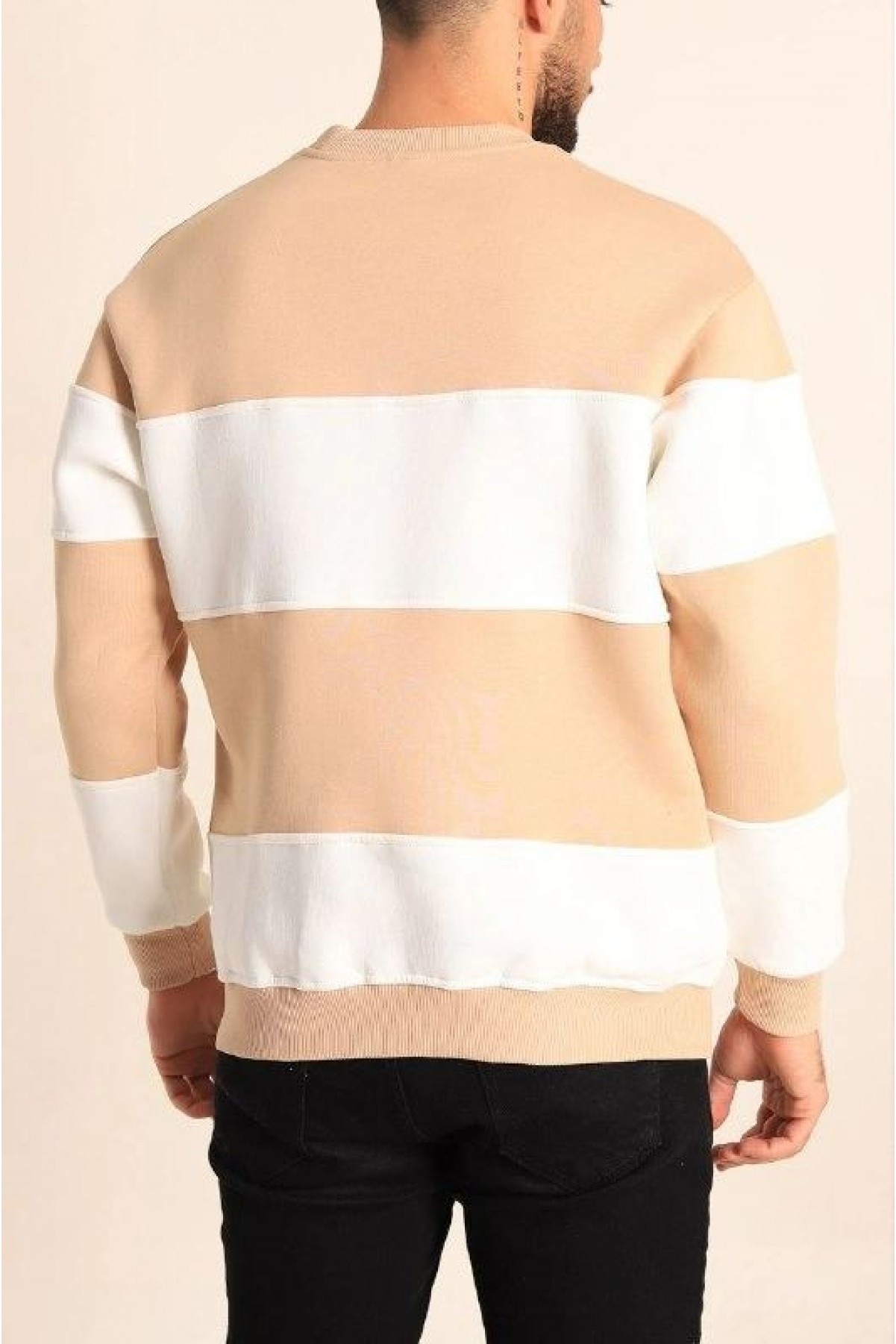 Erkek 3 iplik pamuklu Parçalı Bisiklet Yaka SweatShirt - Bej