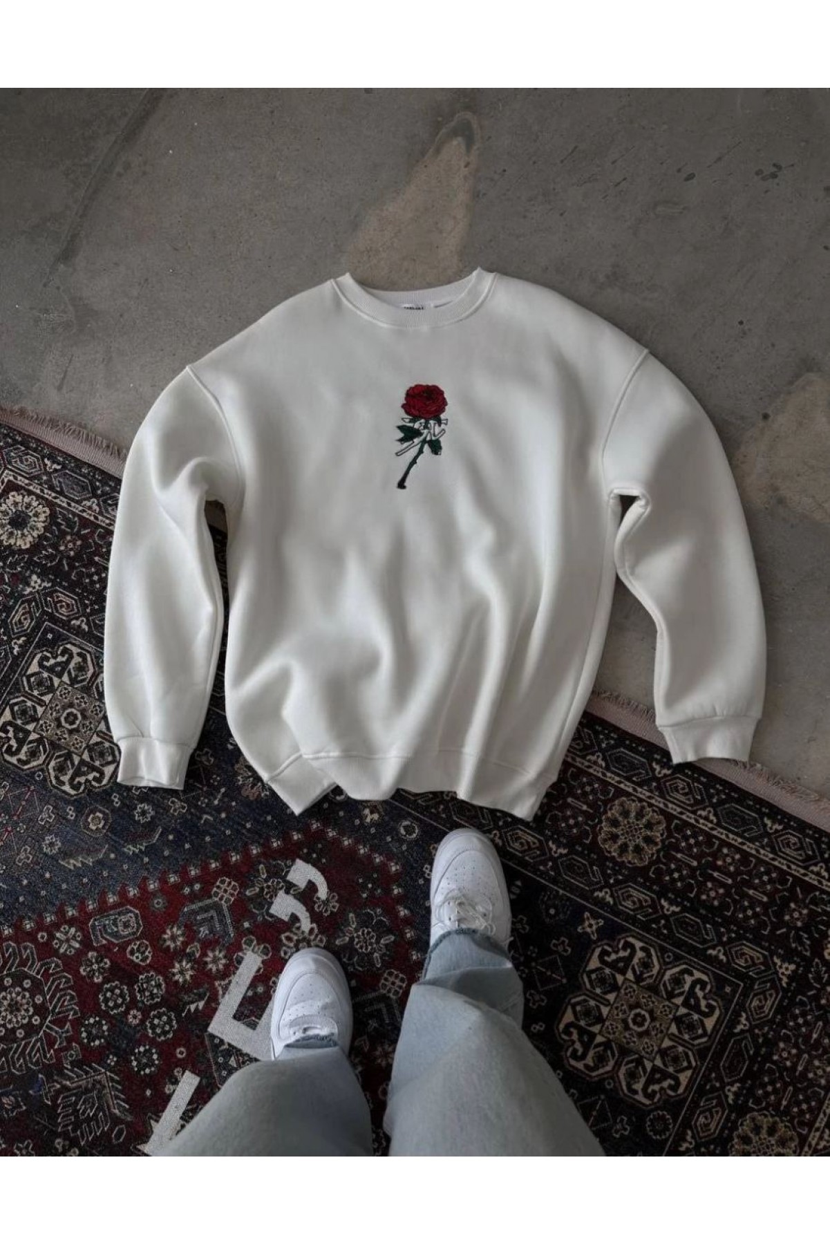 ERKEK 3 iplik Pamuklu Bisiklet Yaka Ön Ve Arka Baskılı SweatShirt -  Beyaz