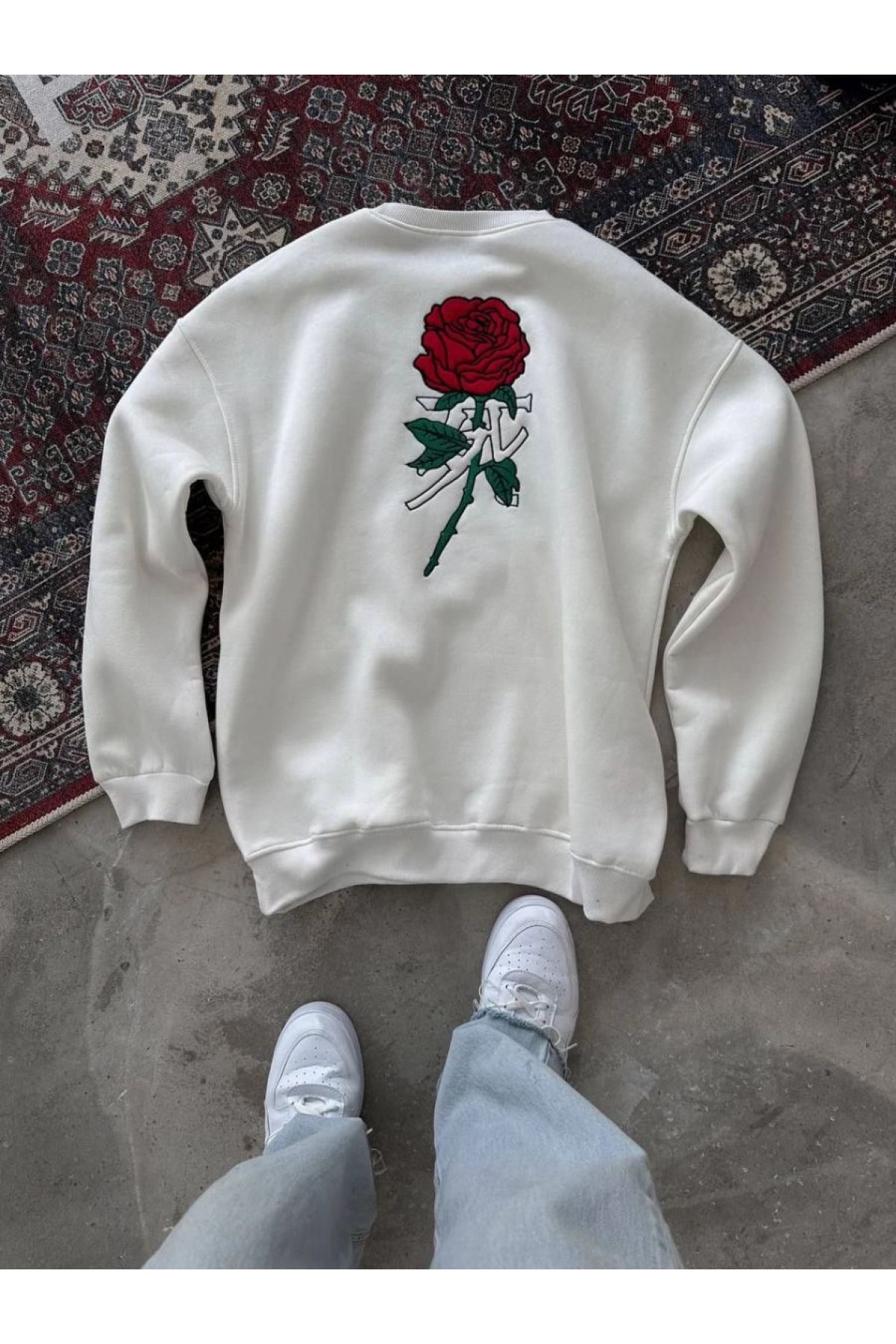 ERKEK 3 iplik Pamuklu Bisiklet Yaka Ön Ve Arka Baskılı SweatShirt -  Beyaz
