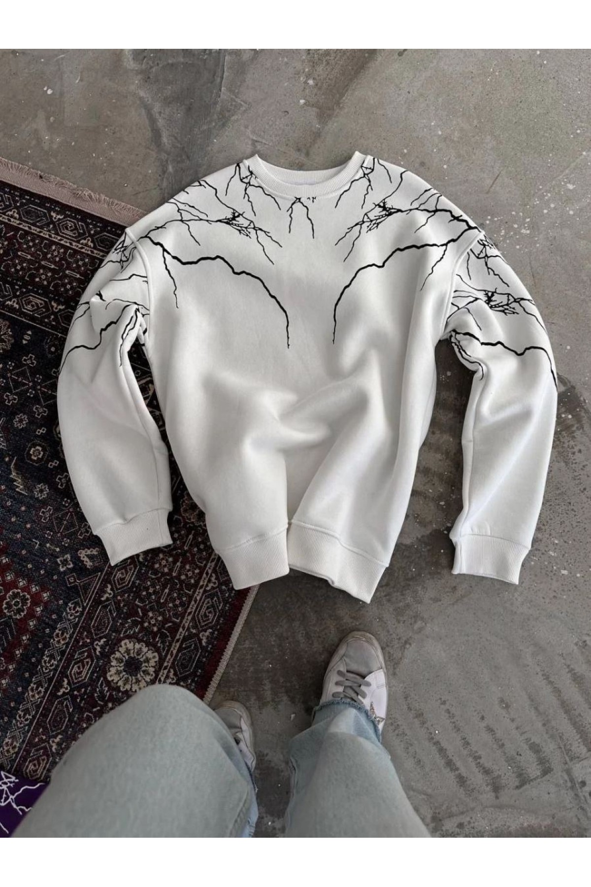 Kadın 3 iplik pamuklu Yıldırım Baskılı Bisiklet Yaka SweatShirt - Beyaz