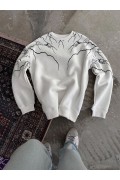 Kadın 3 iplik pamuklu Yıldırım Baskılı Bisiklet Yaka SweatShirt - Beyaz