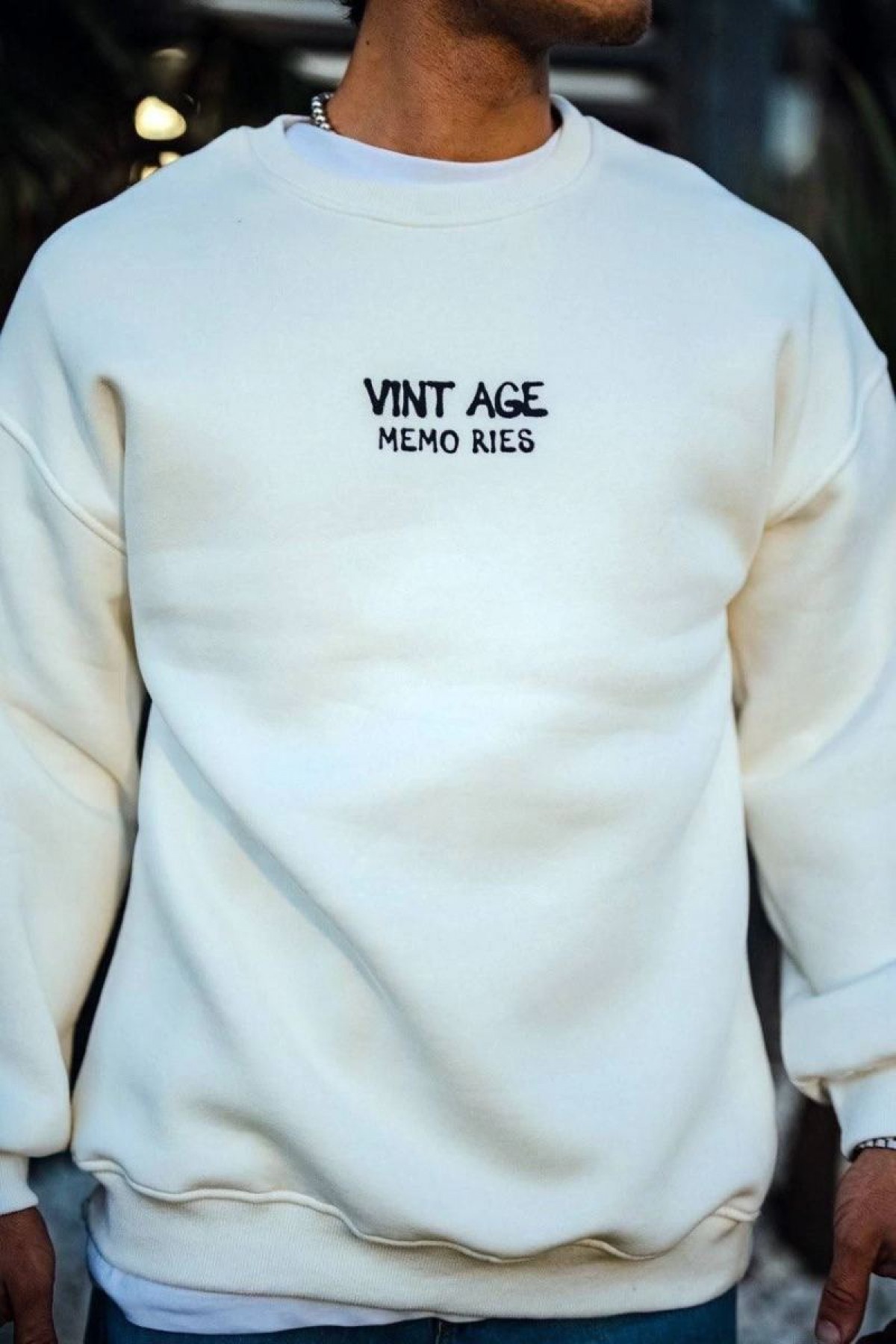 Erkek Bisiklet Yaka 3 İplik pamuklu Baskılı SweatShirt - Beyaz
