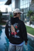 Erkek 3 İplik Pamuklu Kapüşonlu Baskılı Cepli Oversize Sweatshirt Hoodie - Siyah
