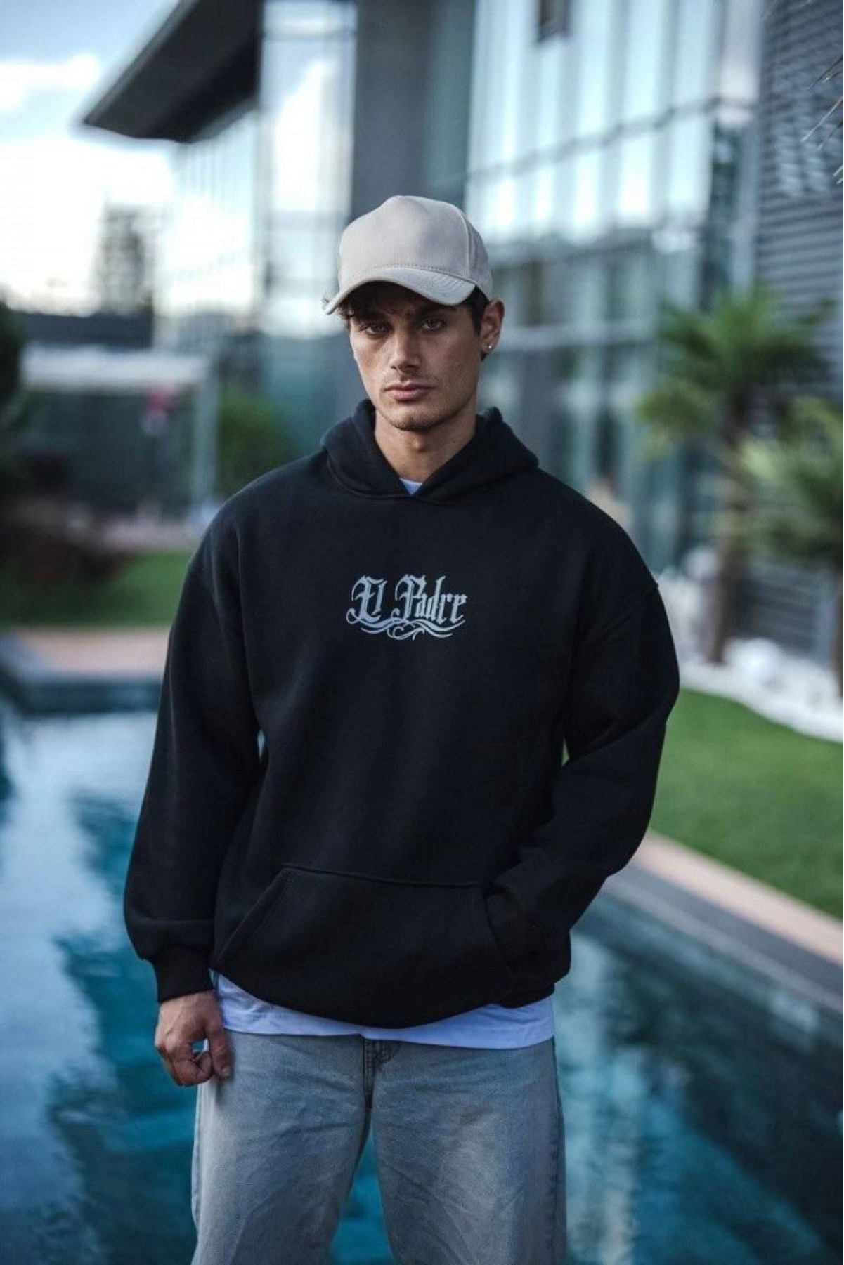 Erkek 3 İplik Pamuklu Kapüşonlu Baskılı Cepli Oversize Sweatshirt Hoodie - Siyah