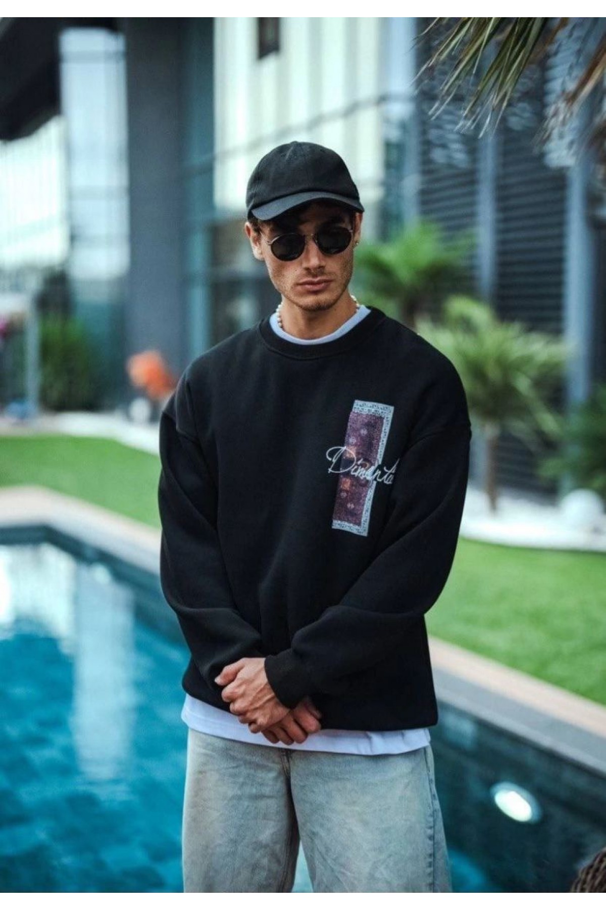 Erkek 3 iplik pamuklu Bisiklet Yaka Ön ve Arka Baskılı SweatShirt - Siyah