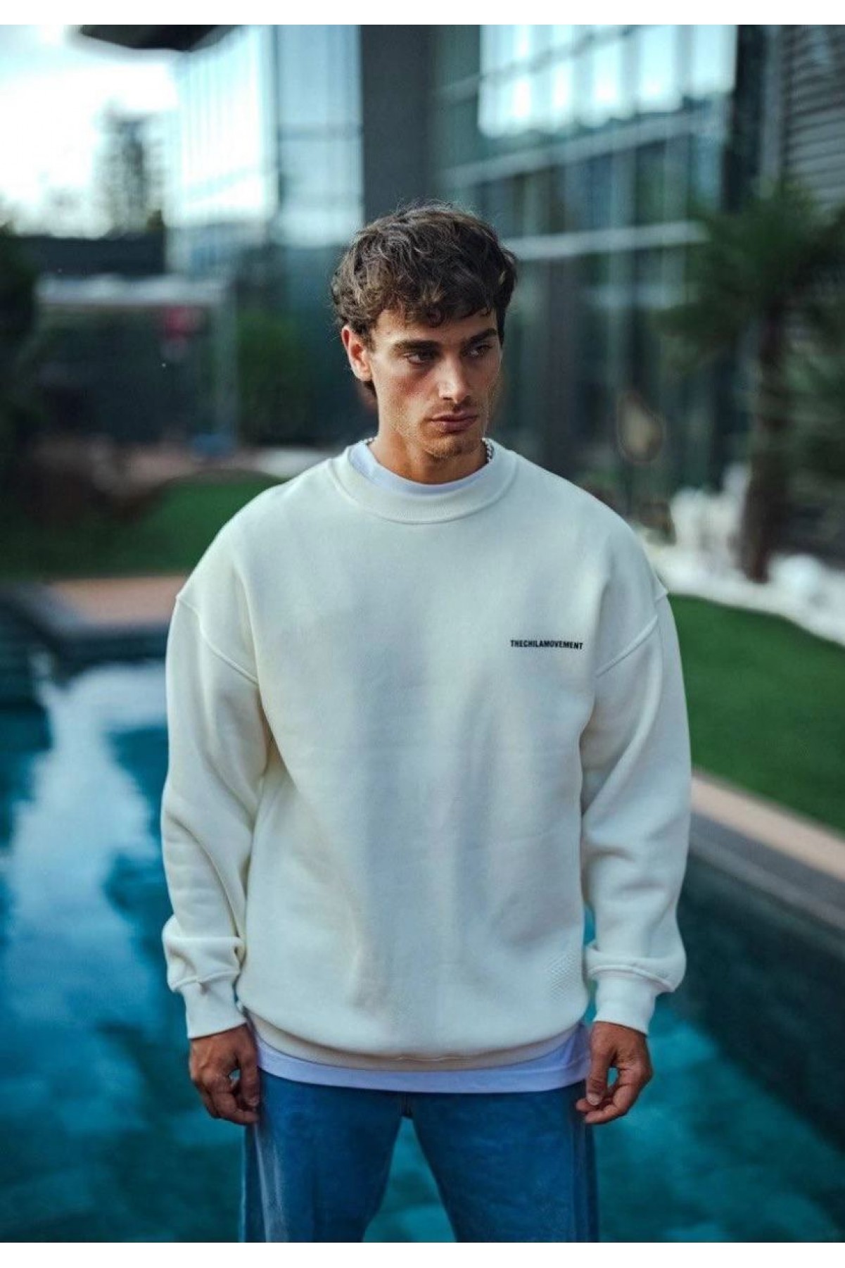 Erkek 3 iplik pamuklu Bisiklet Yaka Baskılı SweatShirt - Beyaz