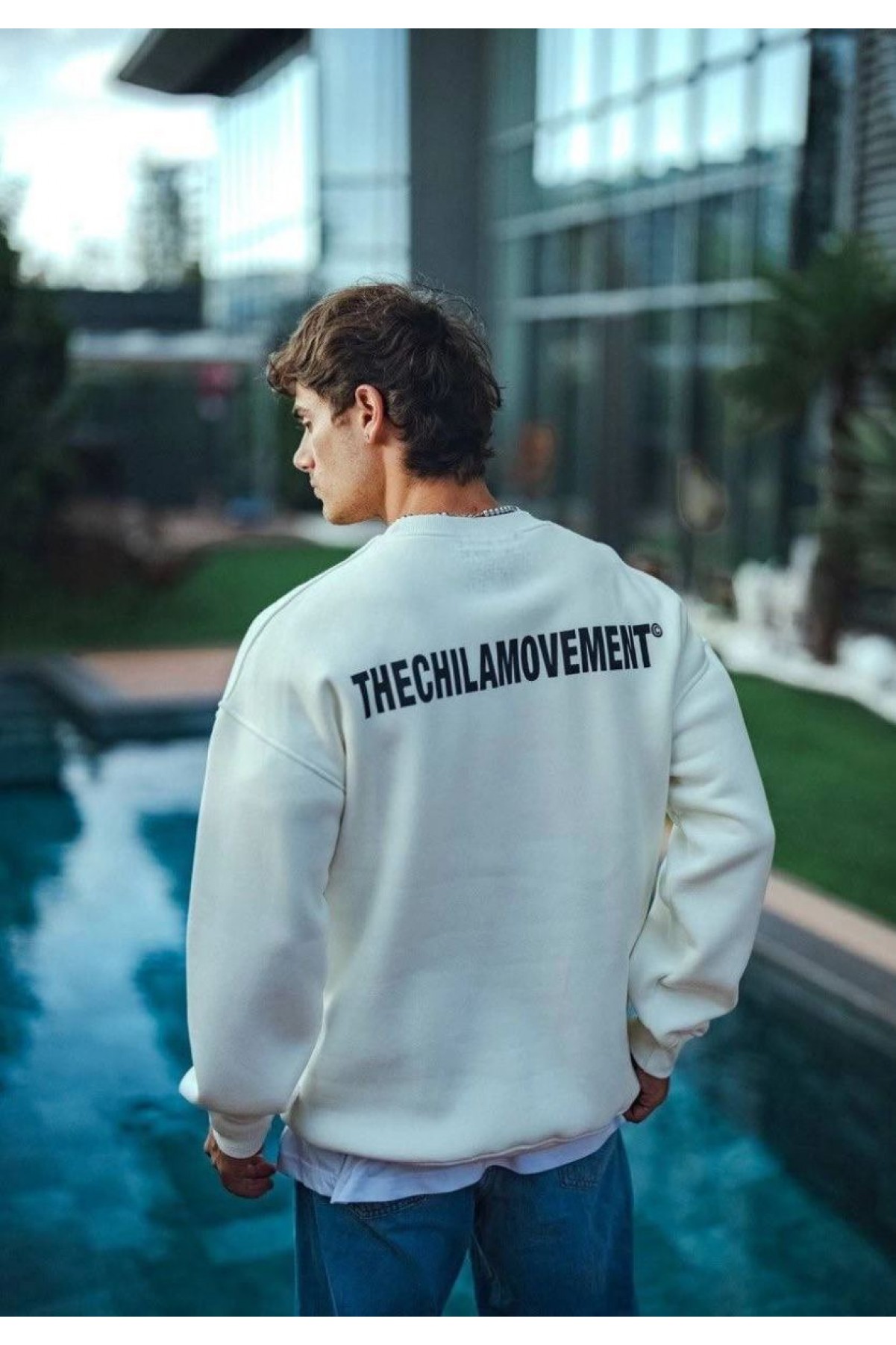 Erkek 3 iplik pamuklu Bisiklet Yaka Baskılı SweatShirt - Beyaz