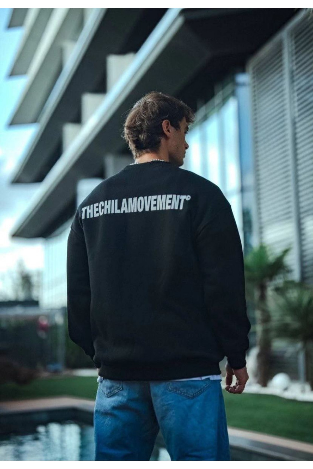 Erkek 3 iplik Pamuklu Bisiklet Yaka Oversize Baskılı SweatShirt - Siyah