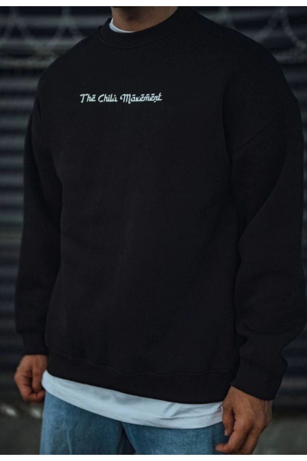 Erkek 3 iplik Pamuklu Bisiklet Yaka Baskılı SweatShirt - Siyah