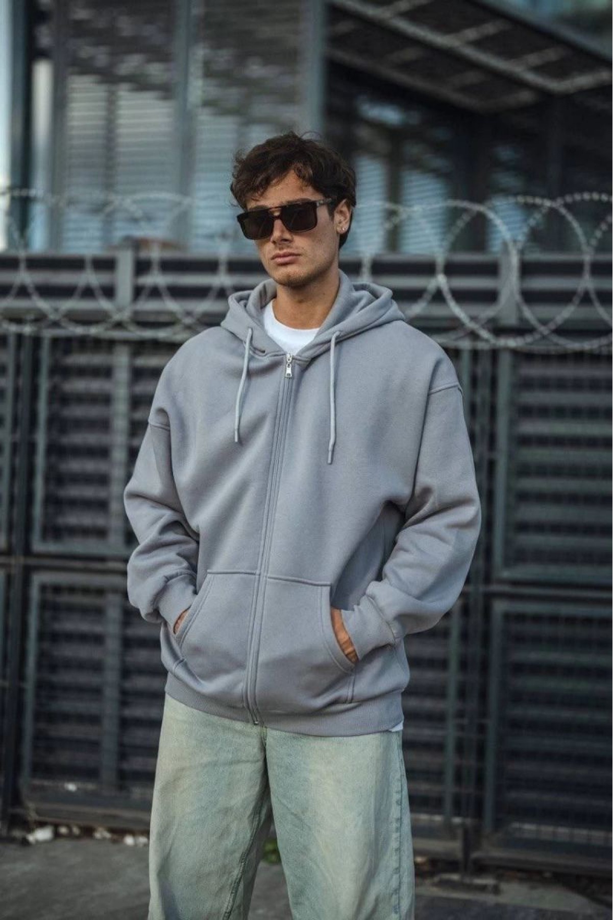 Erkek Tam Fermuarlı Cepli Kapüşonlu 3 iplik pamuklu hoodie Sweatshirt - Gri