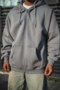 Erkek Tam Fermuarlı Cepli Kapüşonlu 3 iplik pamuklu hoodie Sweatshirt - Gri