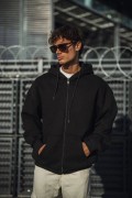 Erkek Tam Fermuarlı Cepli Kapüşonlu 3 iplik pamuklu hoodie Sweatshirt - Siyah
