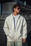 Erkek Tam Fermuarlı Cepli Kapüşonlu 3 iplik pamuklu hoodie Sweatshirt - Beyaz