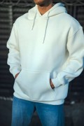 Erkek 3 İplik Pamuklu Kapüşonlu Basic SweatShirt Hoodie - Beyaz