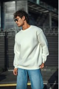 Erkek  Bisiklet Yaka 3 İplik Pamuklu Basic SweatShirt - Beyaz
