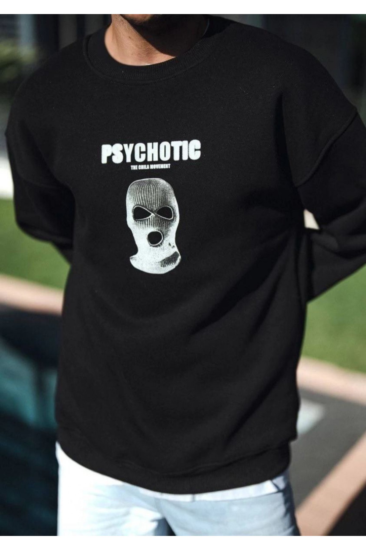 Erkek 3 iplik pamuklu Kışlık Bisiklet Yaka Baskılı SweatShirt - Siyah