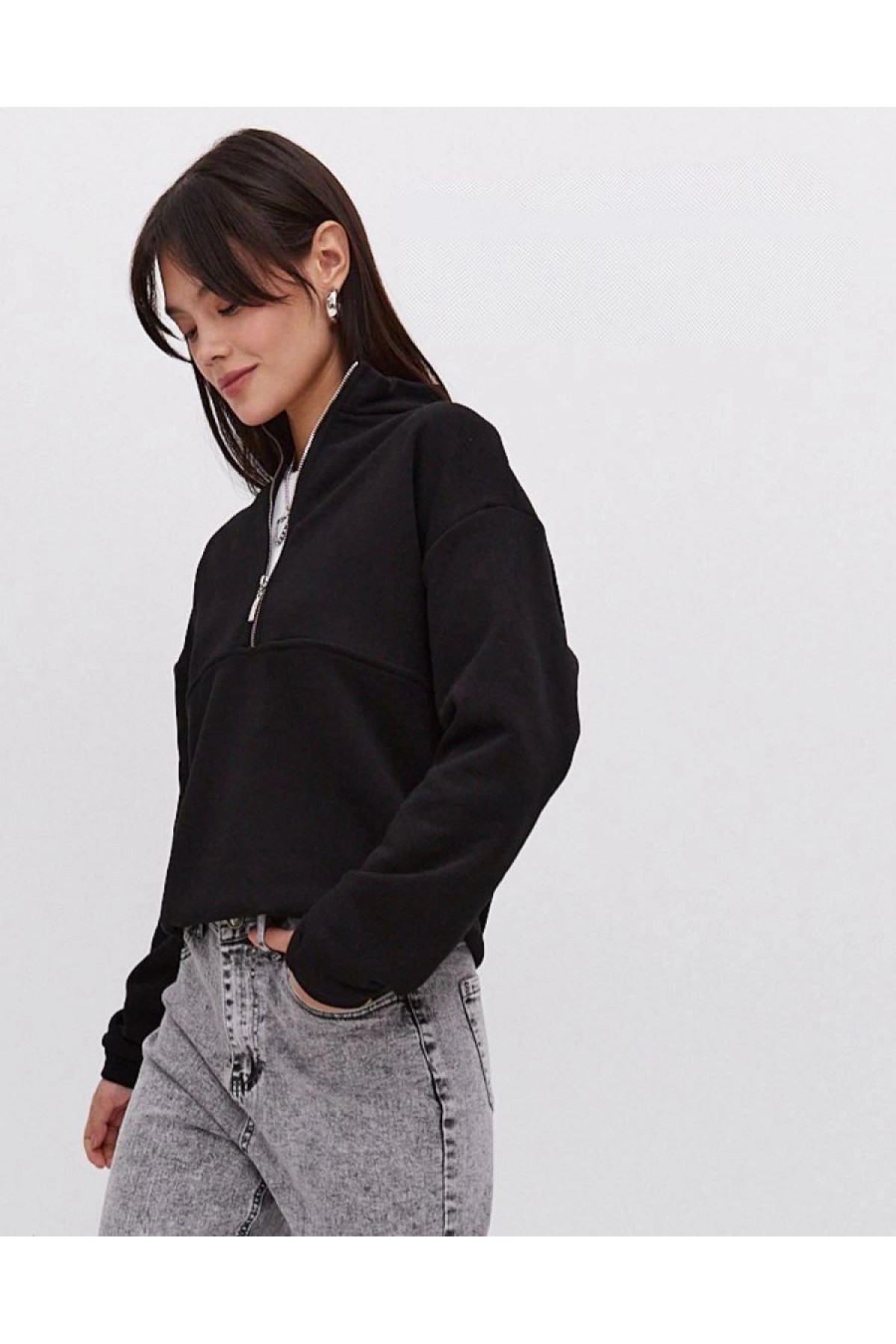 Kadın 3 İplik Pamuklu Oversize Yarım Fermuarlı Yakalı Basic Sweatshirt - Siyah