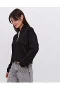 Kadın 3 İplik Pamuklu Oversize Yarım Fermuarlı Yakalı Basic Sweatshirt - Siyah