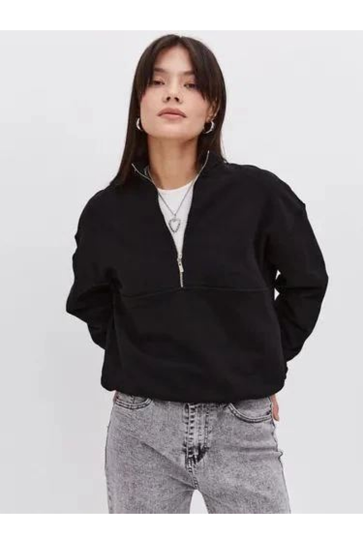 Kadın 3 İplik Pamuklu Oversize Yarım Fermuarlı Yakalı Basic Sweatshirt - Siyah