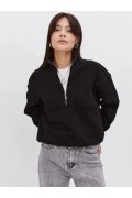 Kadın 3 İplik Pamuklu Oversize Yarım Fermuarlı Yakalı Basic Sweatshirt - Siyah
